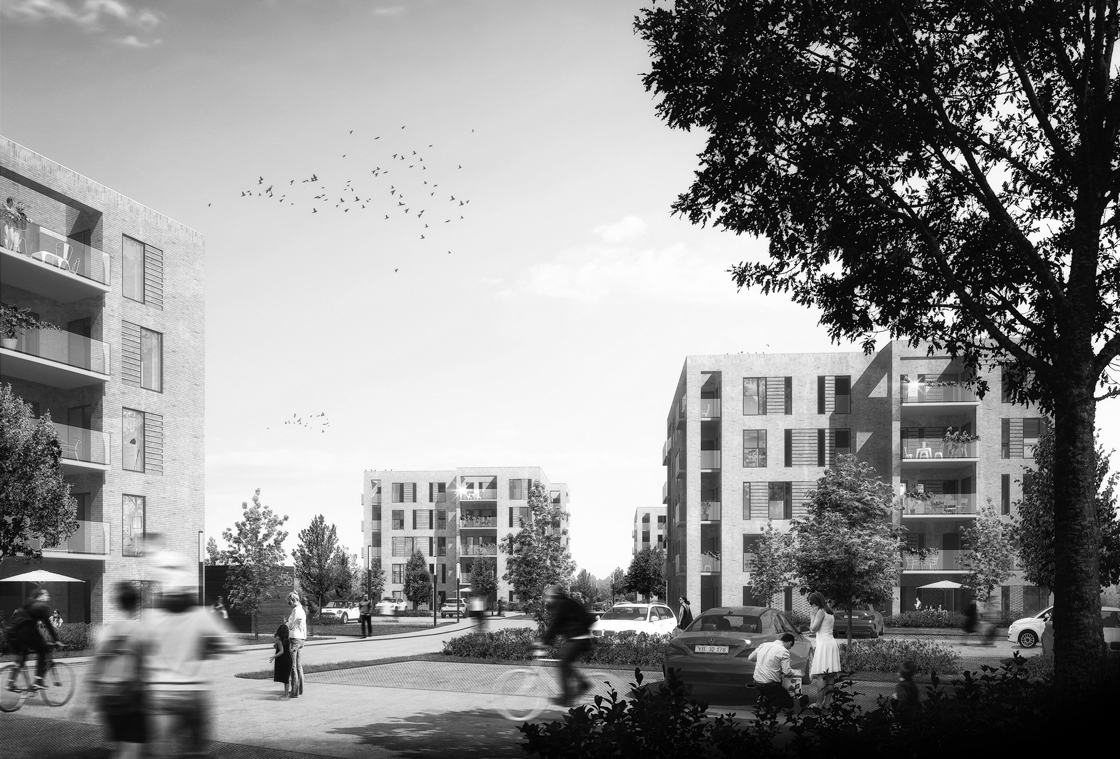 Visualisering af de kommende lejlighedsbygninger på stadiongrunden i Silkeborg.
